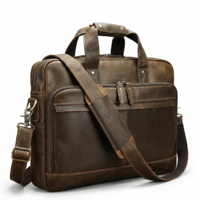 Angled view of men’s leather briefcase showing structured profile and depth