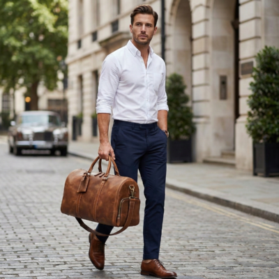 Men’s premium leather travel tote bag in a refined travel lifestyle setting
