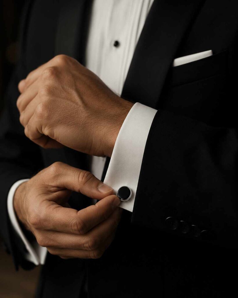 A man fastening black onyx cufflinks beneath the sleeve of a tailored black tuxedo.