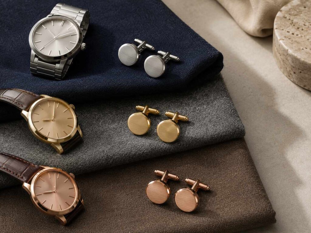 Silver, gold, and rose-gold cufflinks arranged with coordinating watches and navy, gray, and brown suit fabrics