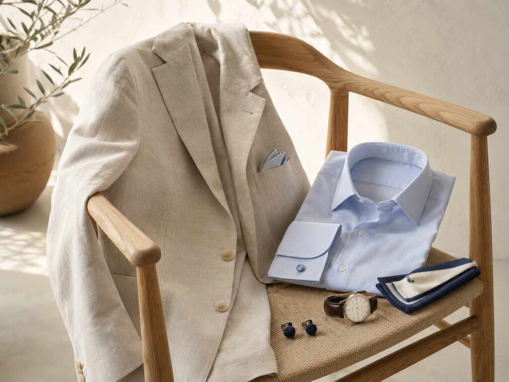 Navy silk-knot cufflinks styled with a beige linen suit and pale blue French-cuff shirt.