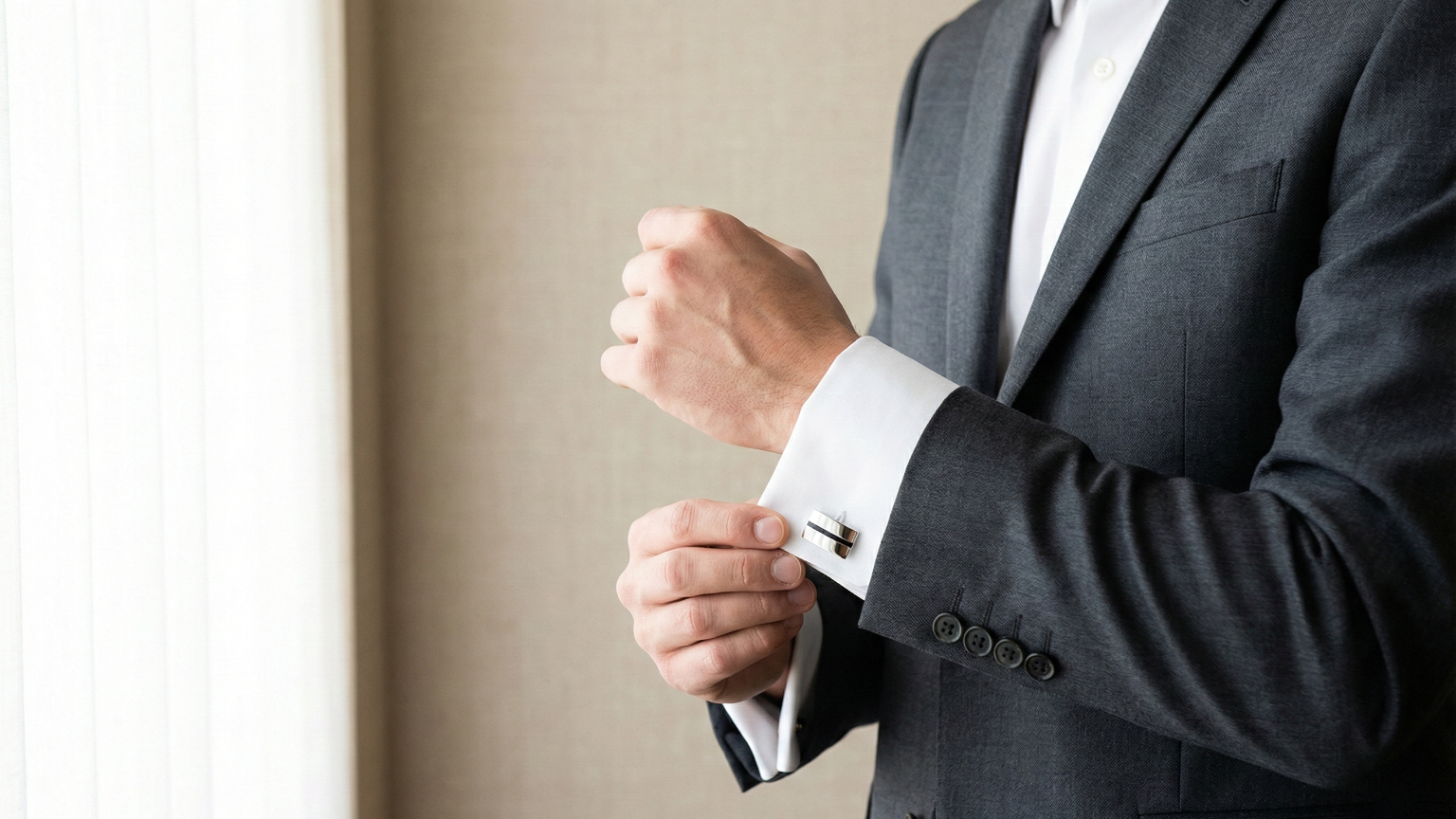 A close-up photograph of a man in a dark grey suit and a white French cuff shirt. His hands are carefully adjusting a silver cufflink on his right wrist. Natural light from a window to the left illuminates his hands and the sleeve. The background is a plain, out-of-focus wall.