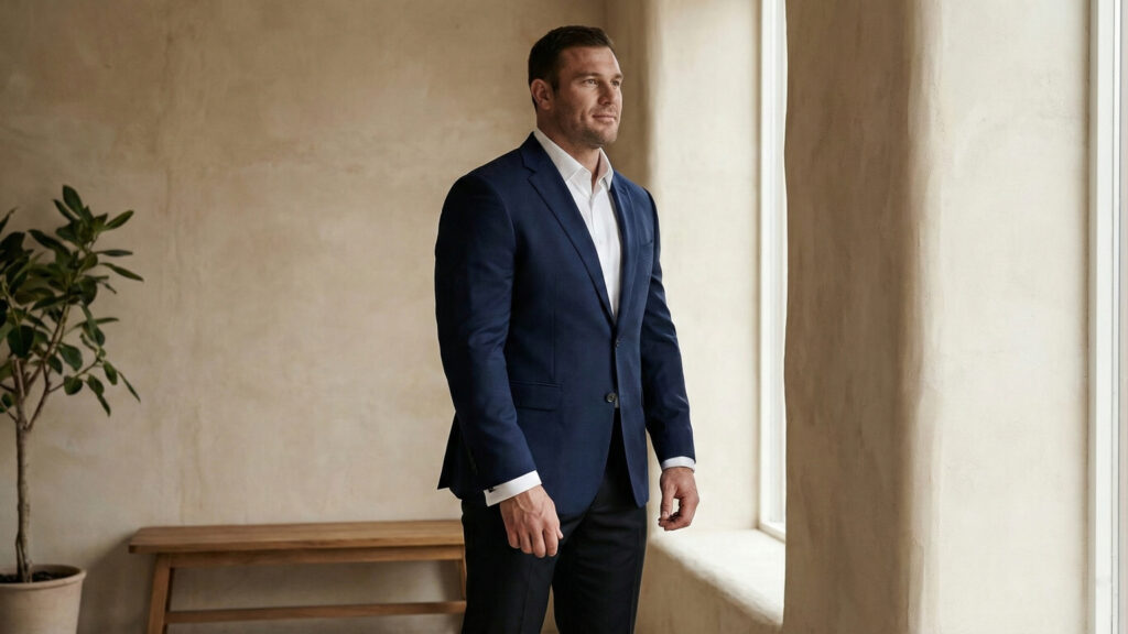 Athletic man in a tailored navy suit demonstrating proper fit for muscular proportions.