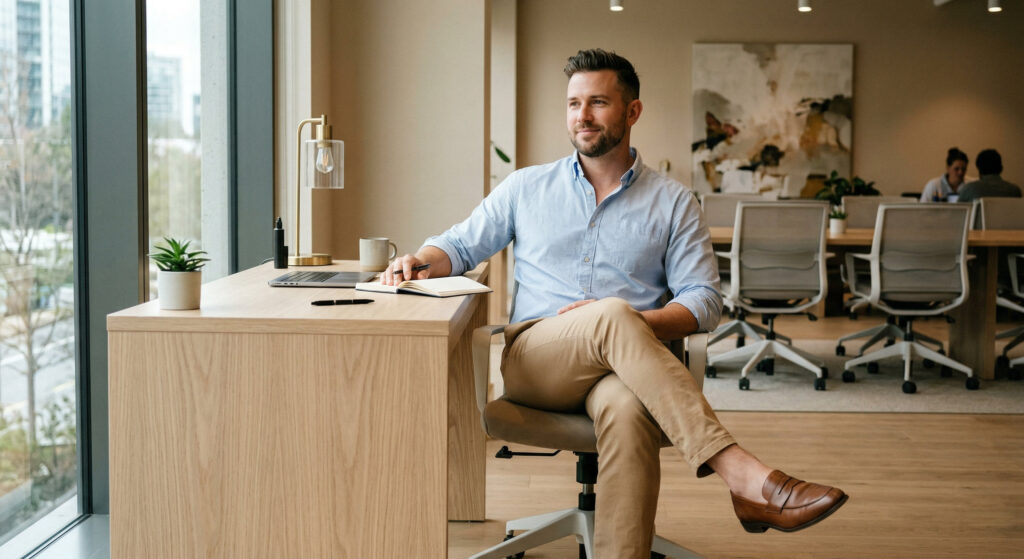 Man wearing business casual outfit seated in a modern office environment