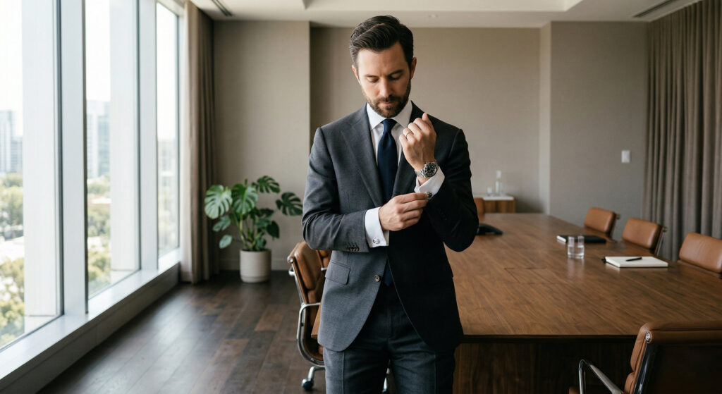Man in a charcoal suit adjusting cufflinks in a professional boardroom