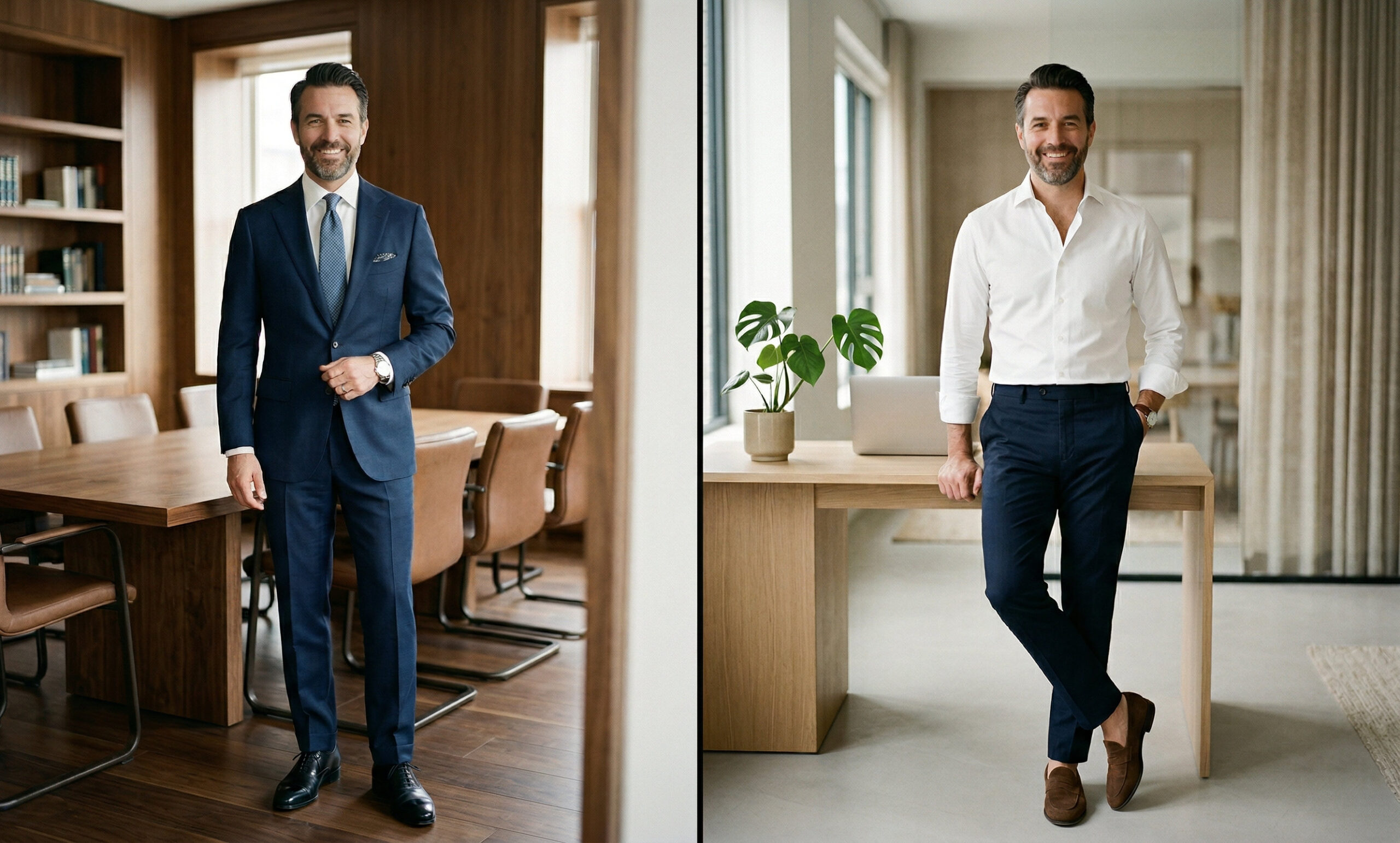 Comparison of business formal suit and business casual outfit in a modern office setting