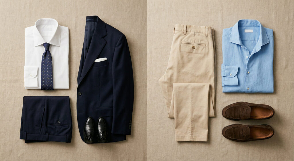 Flat lay comparison of business formal and business casual clothing items