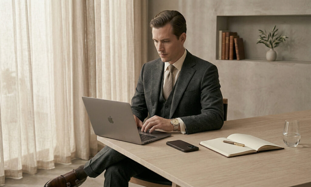 Man working at a minimalist desk with phone placed face down, representing focused digital etiquette.