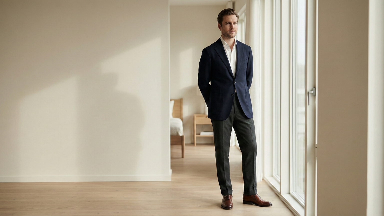 Well-dressed man in a tailored navy blazer and neutral trousers standing confidently in soft natural light.