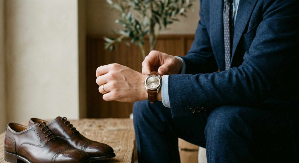 Close-up of a man adjusting his watch, highlighting attention to detail in grooming and dress.