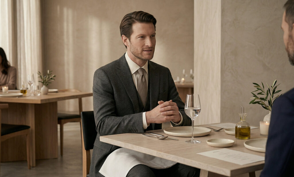Well-dressed man seated at an elegant table demonstrating refined dining etiquette.