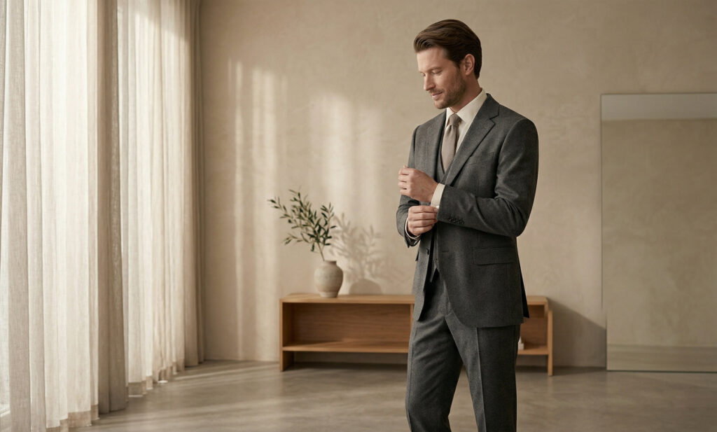 Man adjusting cufflinks in a softly lit minimalist interior, representing modern etiquette and refined personal presence.