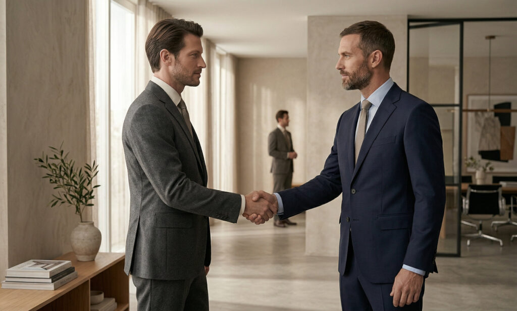 Two professionals shaking hands with confident posture in a modern office environment.