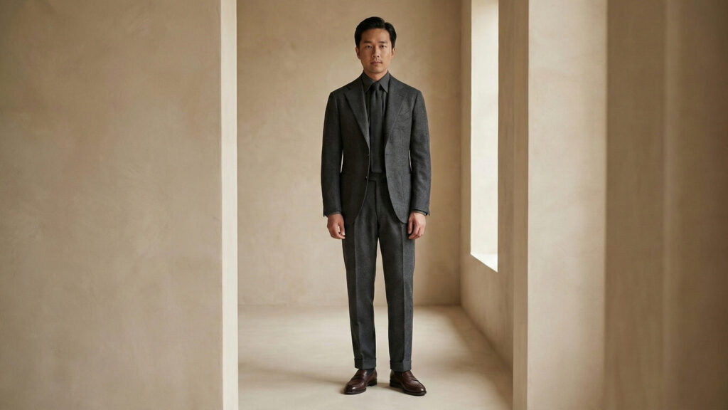 Shorter man wearing a tailored charcoal outfit designed to create a longer visual line.