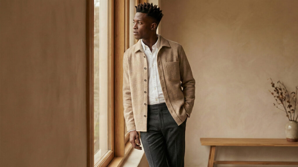 Slim man wearing layered tailored pieces to add structure and visual dimension.