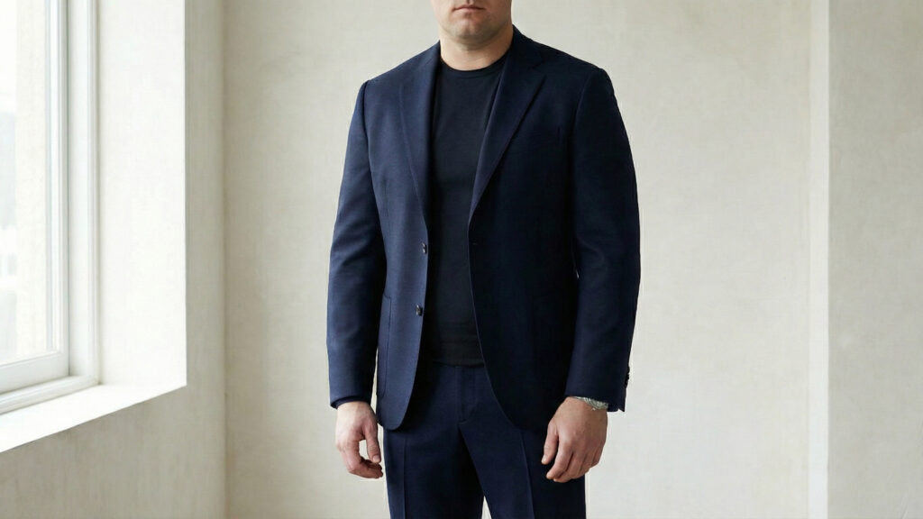 Broad-built man in a monochrome navy outfit creating a streamlined silhouette.