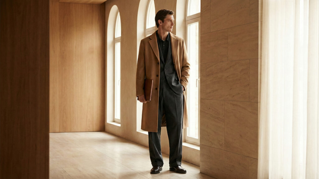 Tall man wearing a long overcoat and wide-lapel suit that complements extended proportions.