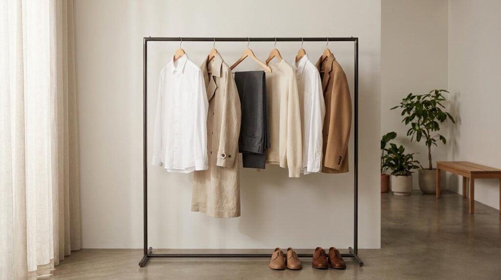 Capsule wardrobe with neutral minimalist clothing on a rack