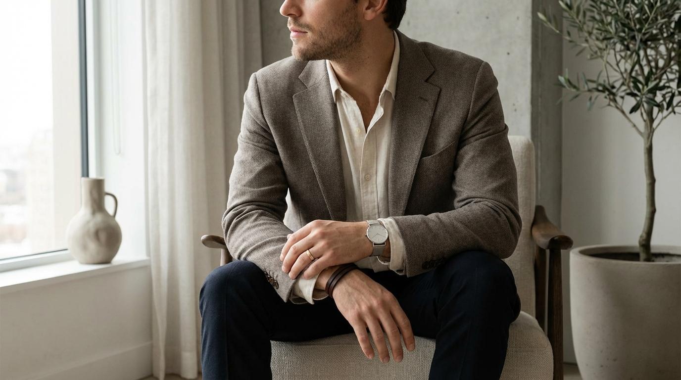 Man wearing a balanced set of minimal accessories including watch and ring in a neutral-toned outfit