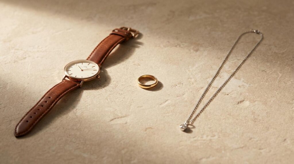 Three men’s accessories arranged neatly to show balanced styling approach