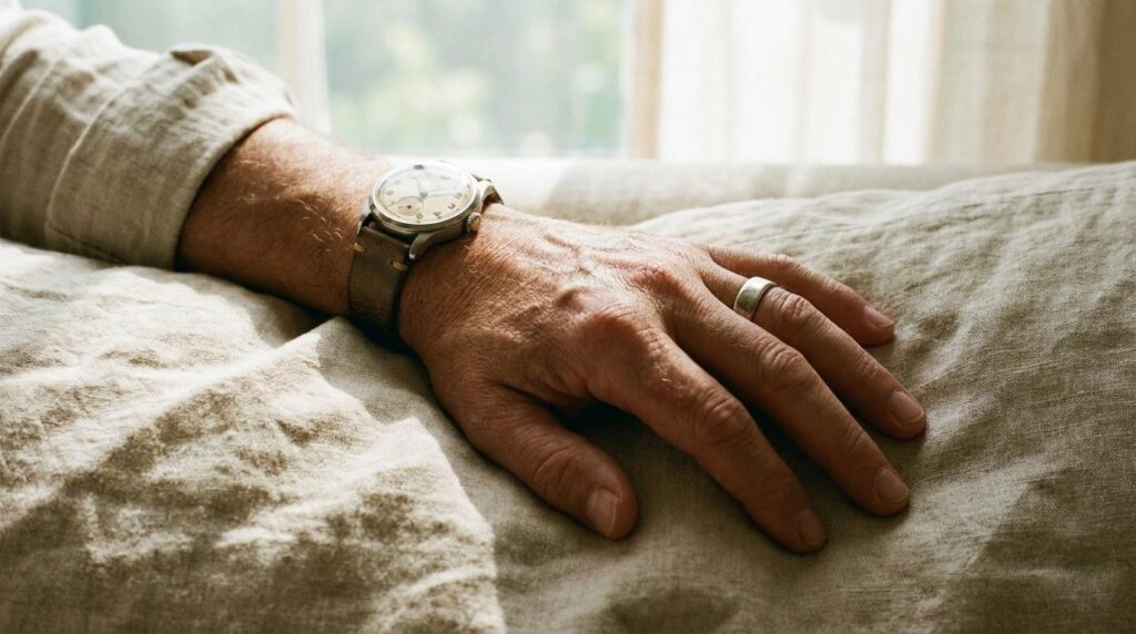Close-up of a man wearing a watch and ring showing minimal accessory styling