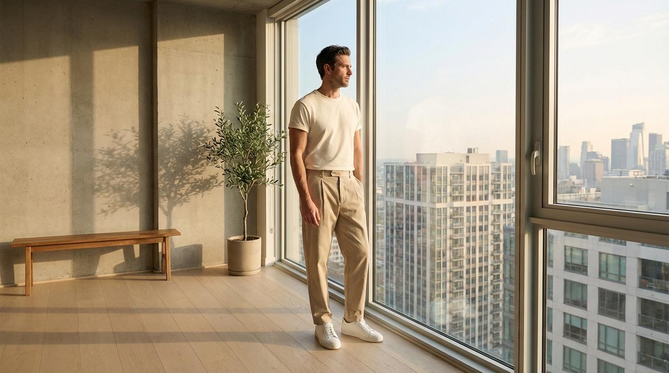 Man wearing neutral minimalist outfit in a clean, modern interior with soft natural light