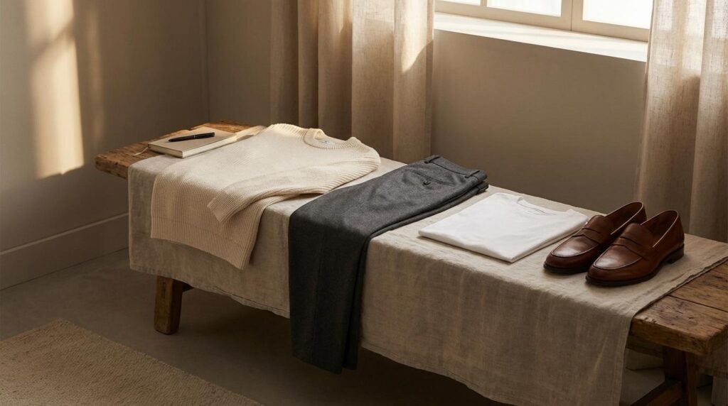 Neutral minimalist outfit laid out in a calm, modern setting
