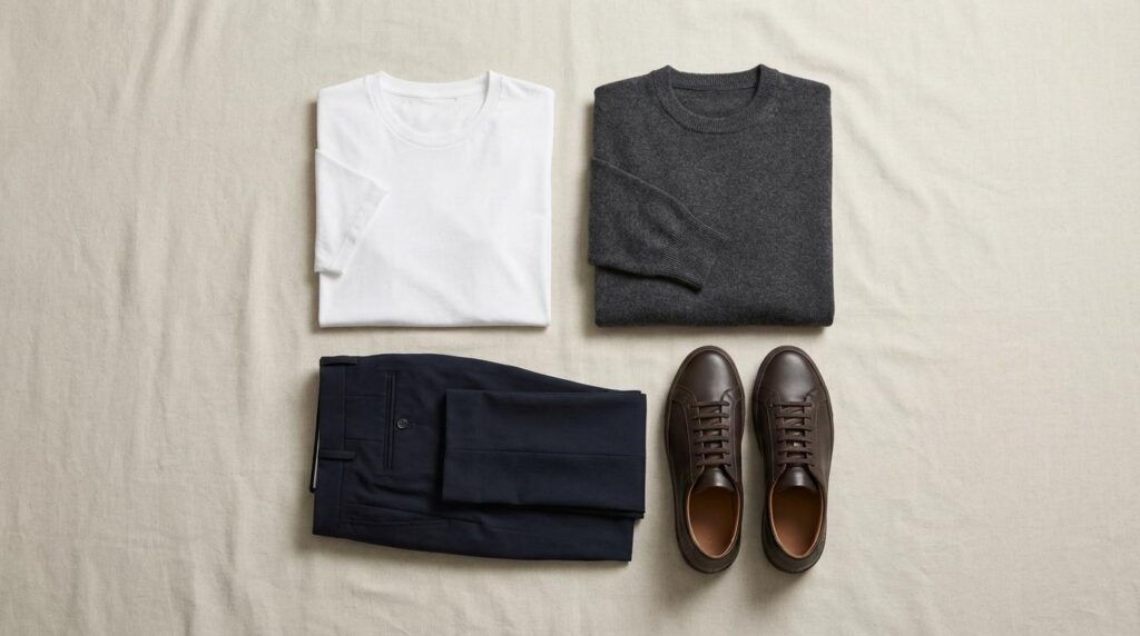 Minimalist men’s wardrobe essentials in neutral colors arranged neatly