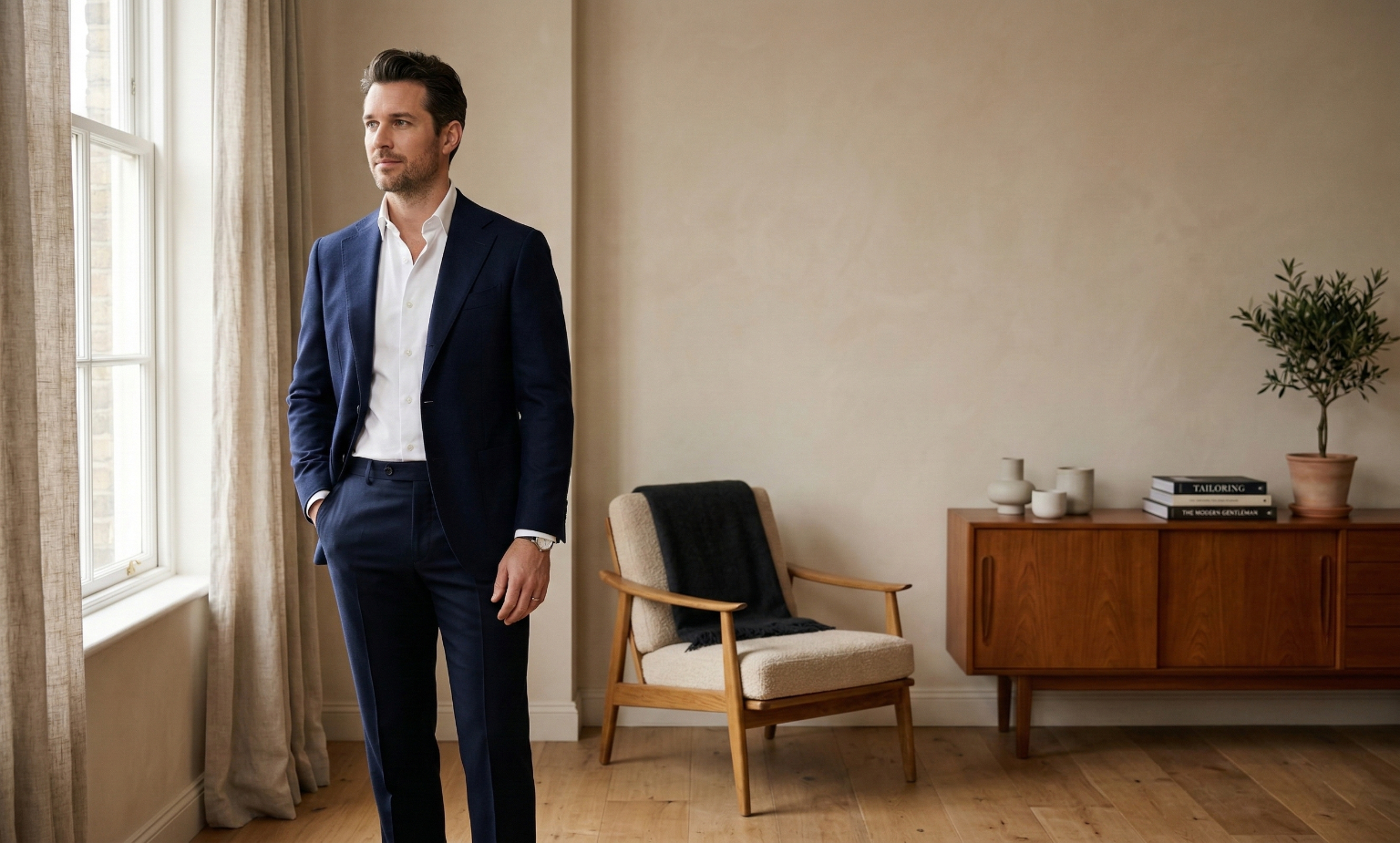 Modern man wearing a well-fitted blazer and trousers demonstrating proper clothing fit.