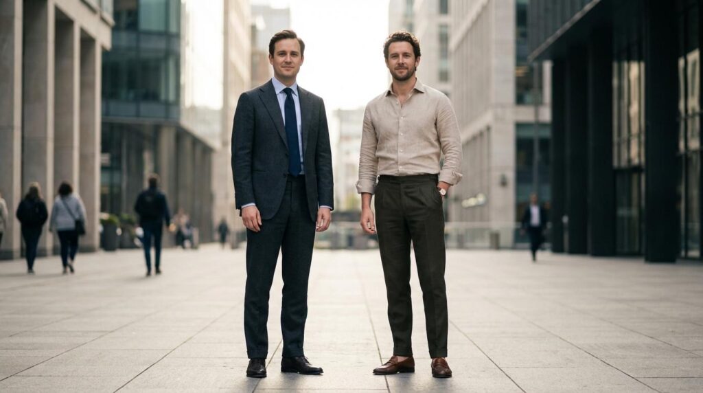 Comparison of formal and smart casual menswear showing how context determines overdressing