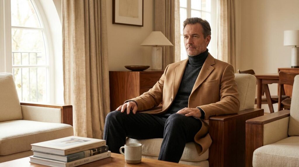 Man in understated luxury outfit with neutral tones and tailored fit