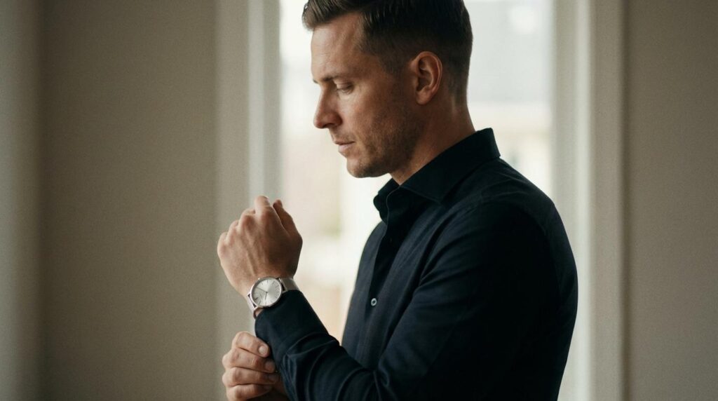 Man wearing only a watch demonstrating simple and minimal accessory styling