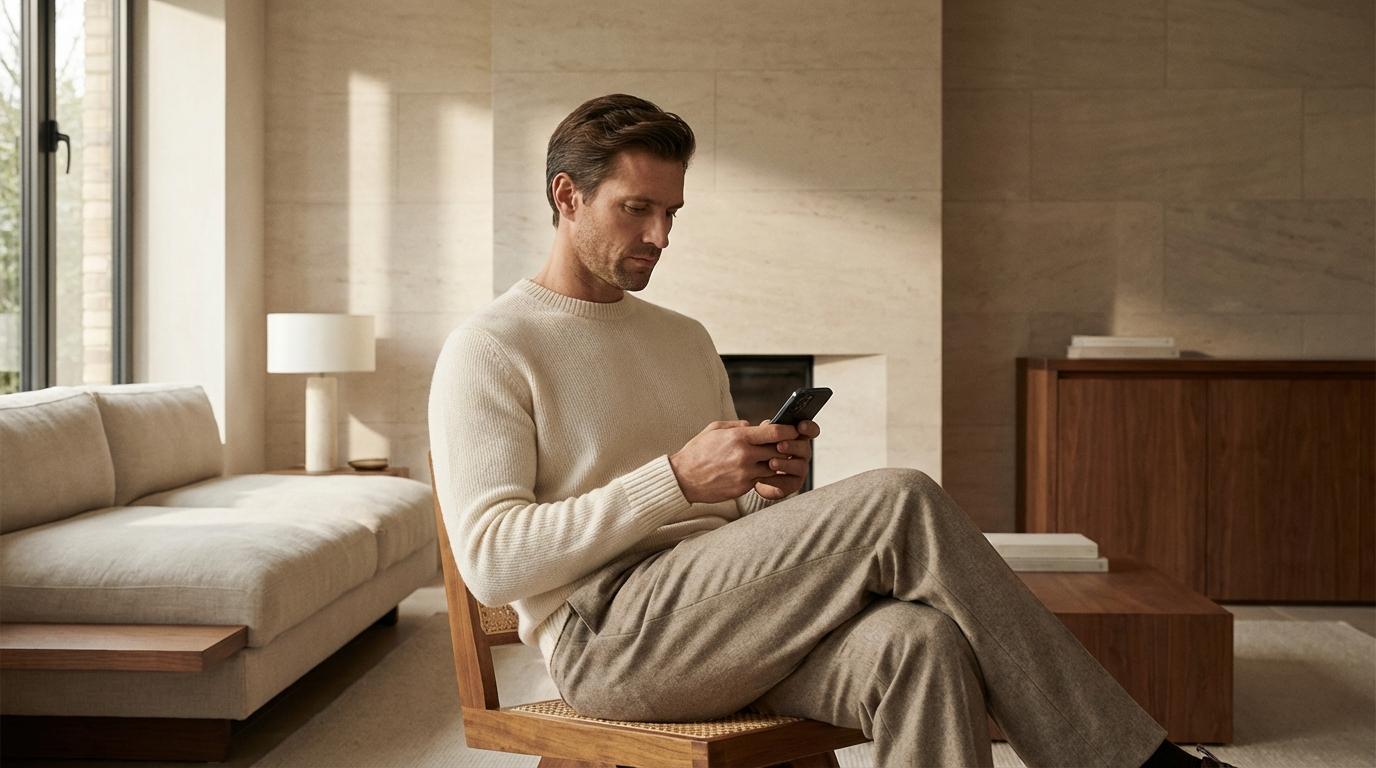 Neutral-toned capsule wardrobe with a smartphone placed among clothing, illustrating how social media shapes men’s style choices.