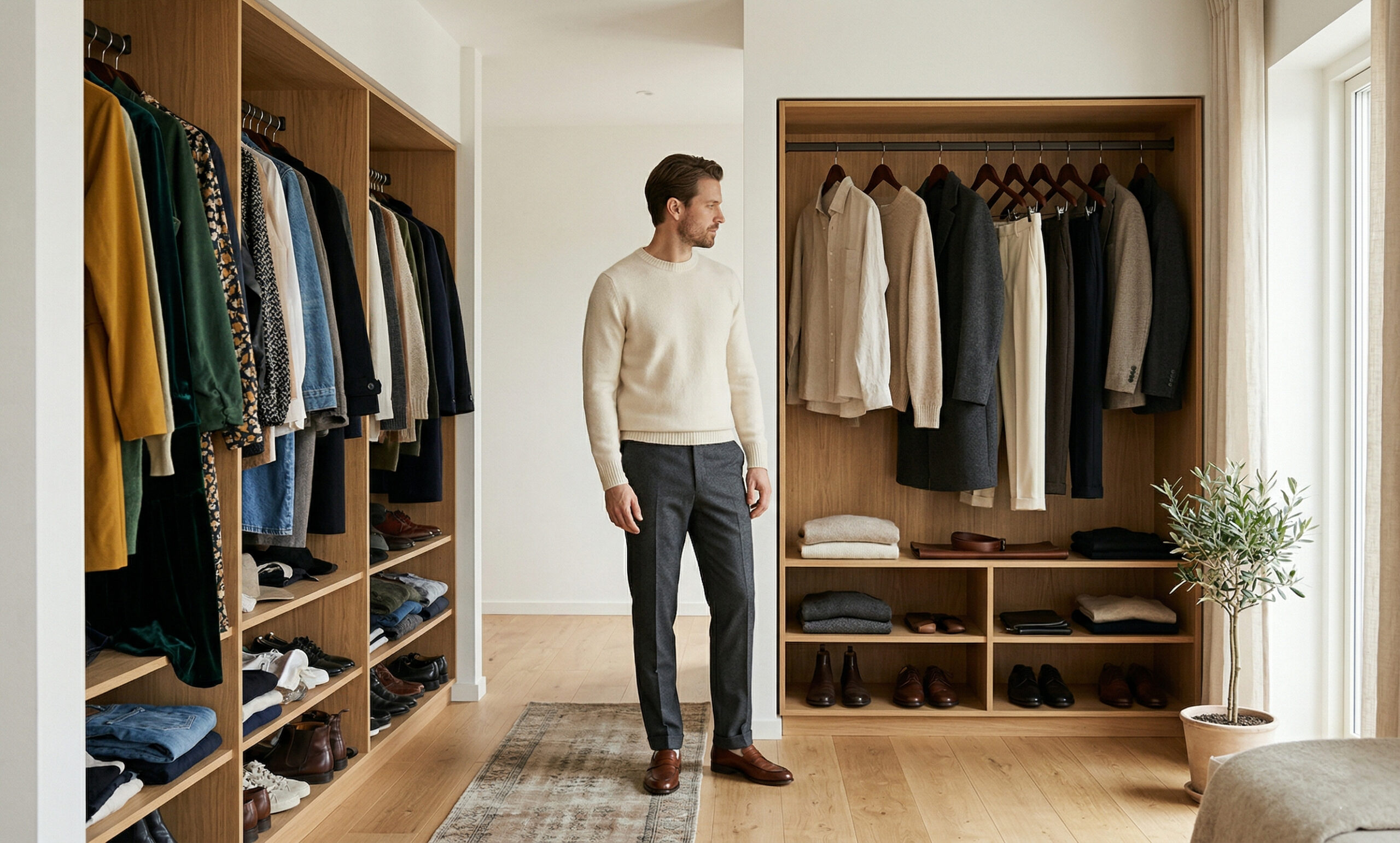 A man choosing between a cluttered trend-based wardrobe and a minimal, cohesive personal style wardrobe in soft natural light.