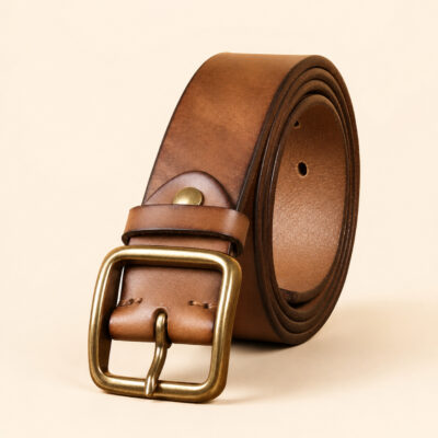 Men’s genuine leather belt with antique copper buckle in brown
