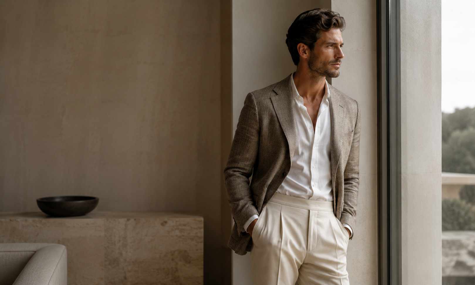 A well-dressed man standing upright in soft natural light, reflecting posture, confidence, and physical self-care.